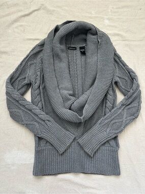 Moda International Gray Chunky Cable Knit Draped Cowl Neck Sweater 100% Cotton S